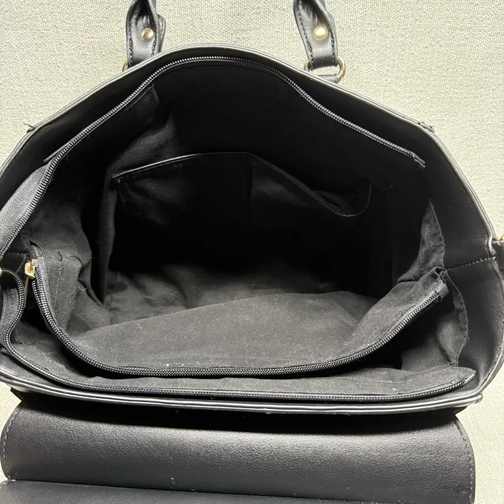 Black Faux Leather Satchel Handbag Large Tote Purse Gold Hardware Edgy Workwear
